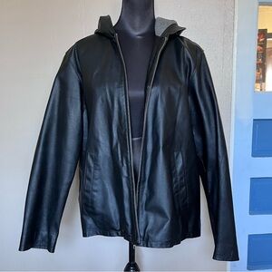 Metrostyle 90s skater grunge black leather bomber jacket with hood